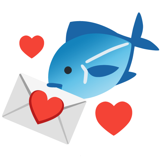 fishposting logo: emoji mashup of a fish with a loveletter in its mouth, with hearts on either side