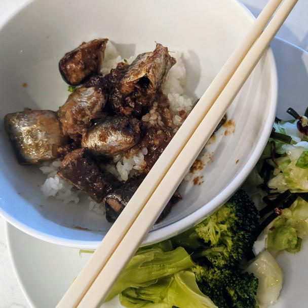 acrylic chopsticks rest on the edge of a white bowl; greens are off to the right on a white plate. the bowl holds a small pile of rice and several chunks of round-cut, silvery mackerel in a dark brown sauce
